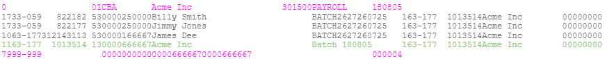 Example ABA file showing a Type 0 Header Record, several Type 1 Detail Records and a Type 7 File Total Record
