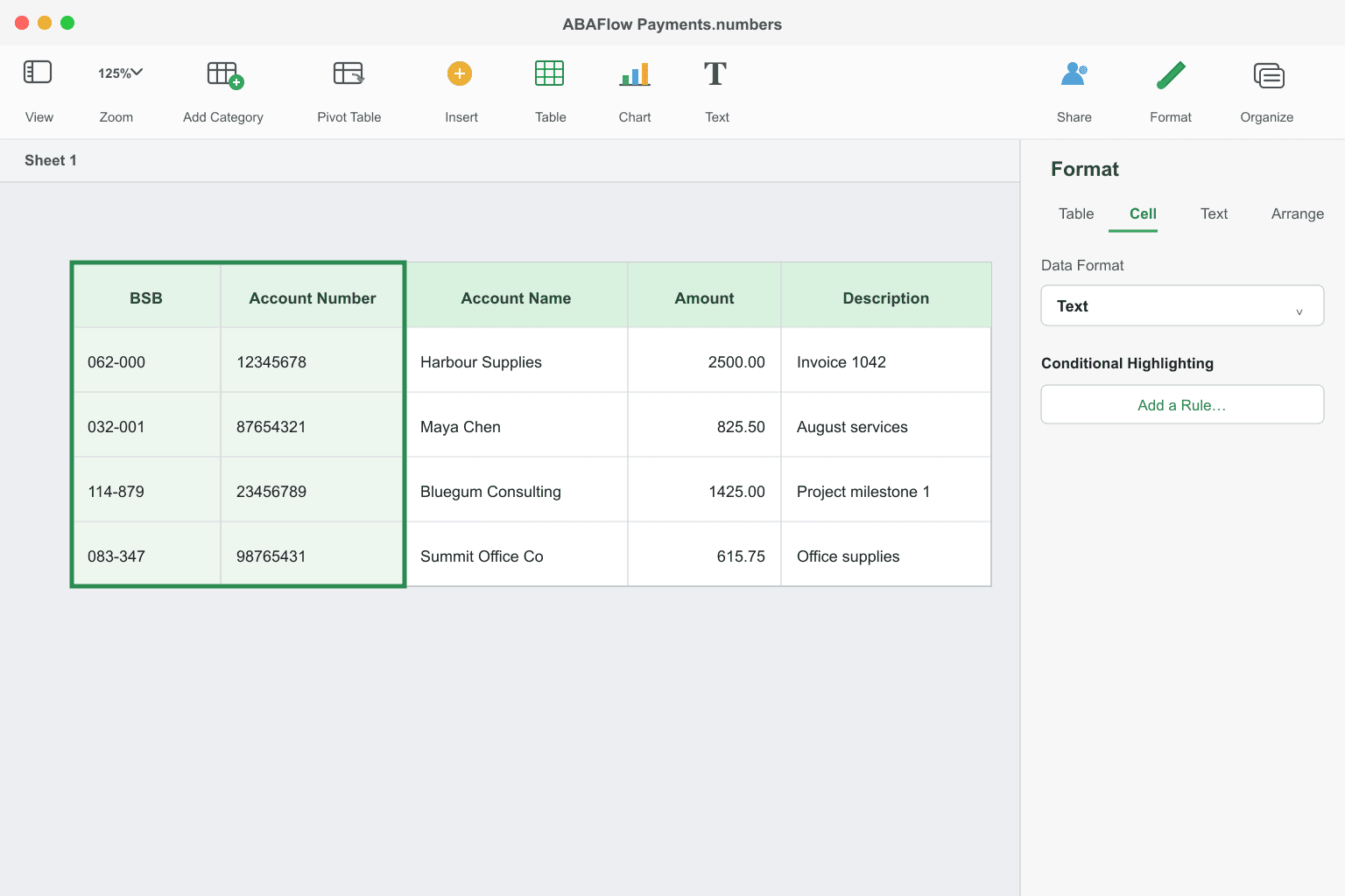 Apple Numbers Format sidebar with Text selected for BSB and Account Number columns
