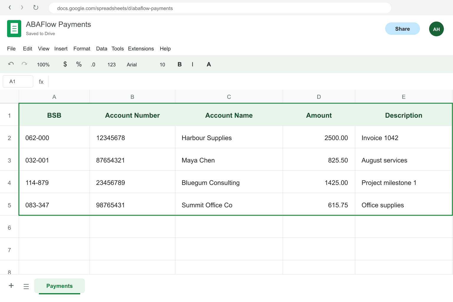 Google Sheets payment sheet with the five ABAFlow columns and example payment rows
