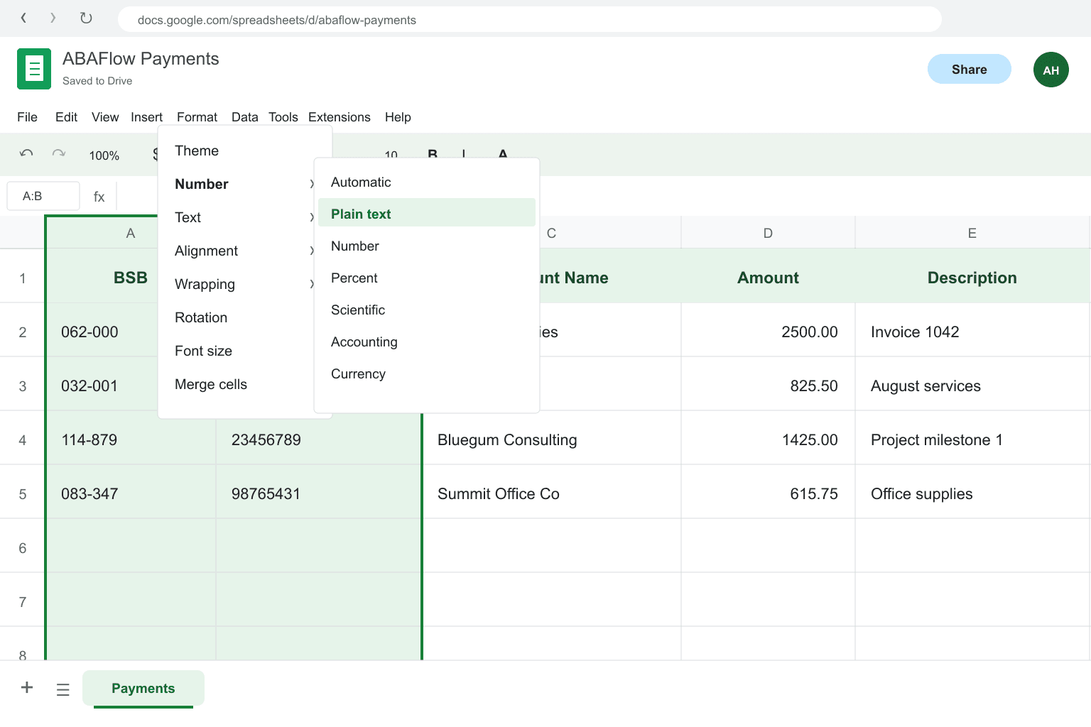 Google Sheets Number format menu with Plain text selected for BSB and Account Number columns