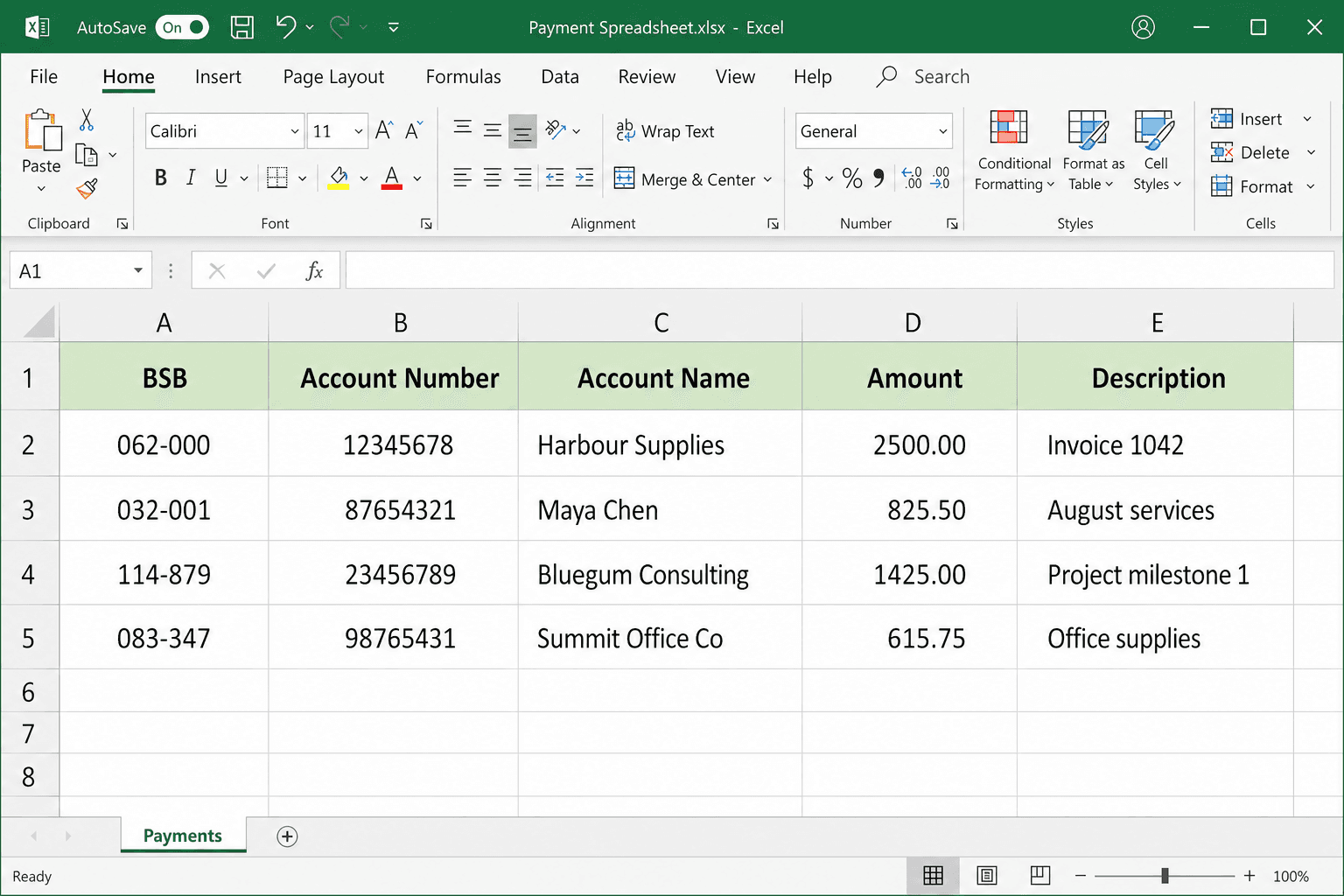 Formatted Microsoft Excel payment spreadsheet with the five ABAFlow columns and example payment rows