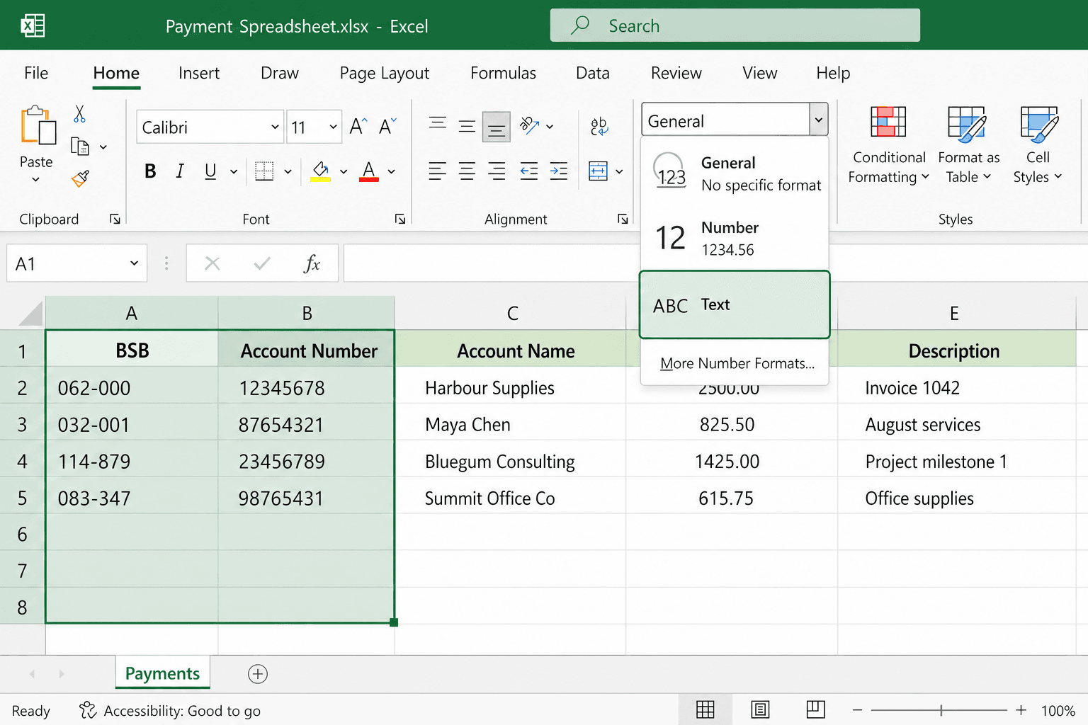 Microsoft Excel number format menu with Text selected for the BSB and Account Number columns